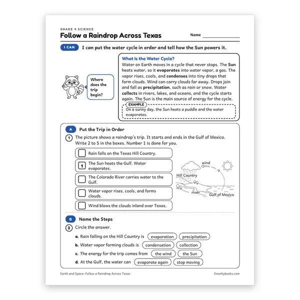Follow a Raindrop Across Texas worksheet for grade 4