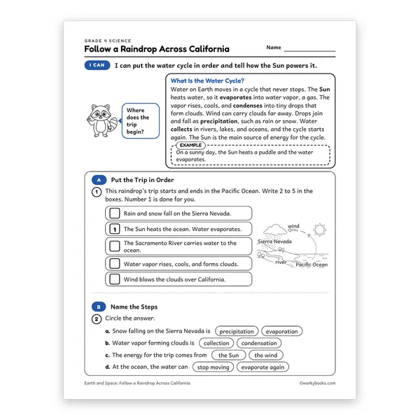 Follow a Raindrop Across California worksheet for grade 4