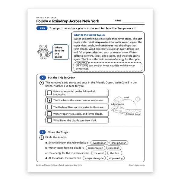 Follow a Raindrop Across New York worksheet for grade 4
