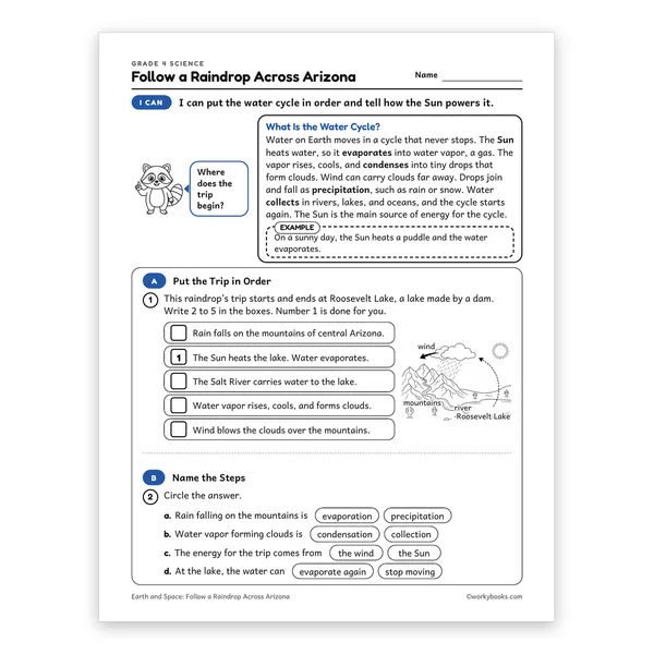 Follow a Raindrop Across Arizona worksheet for grade 4