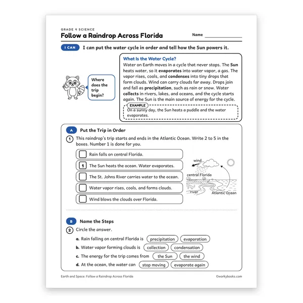 Follow a Raindrop Across Florida worksheet for grade 4