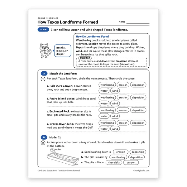 How Texas Landforms Formed worksheet for grade 4