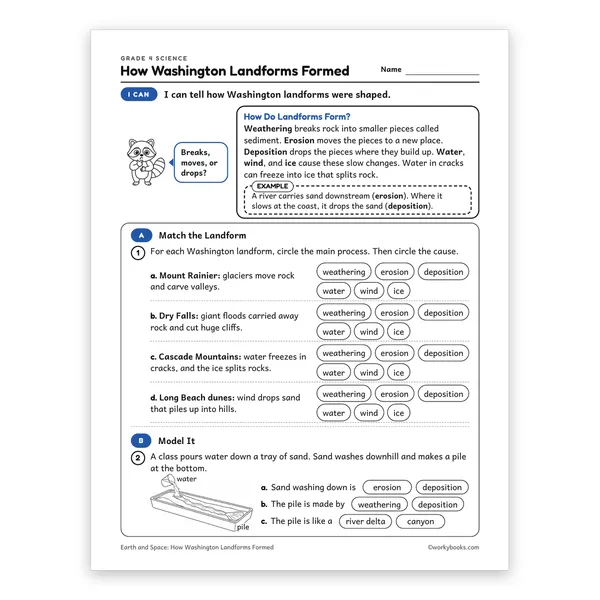 How Washington Landforms Formed worksheet for grade 4