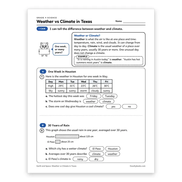 Weather vs Climate in Texas worksheet for grade 4