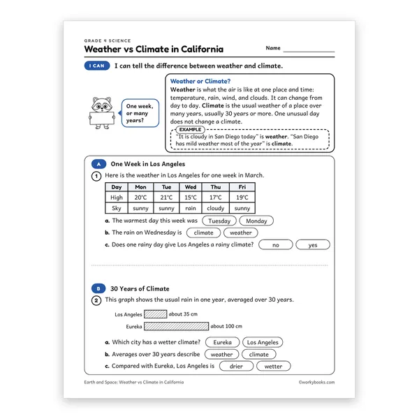 Weather vs Climate in California worksheet for grade 4