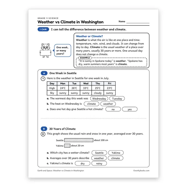 Weather vs Climate in Washington worksheet for grade 4