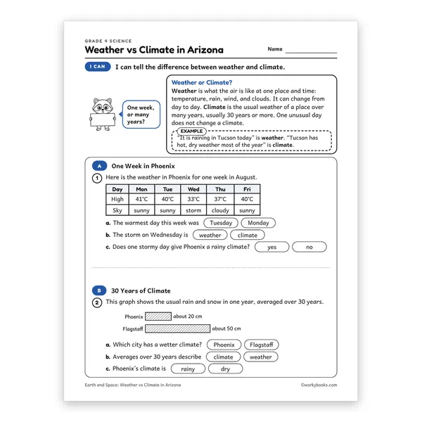 Weather vs Climate in Arizona worksheet for grade 4
