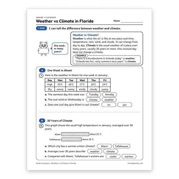 Weather vs Climate in Florida worksheet for grade 4