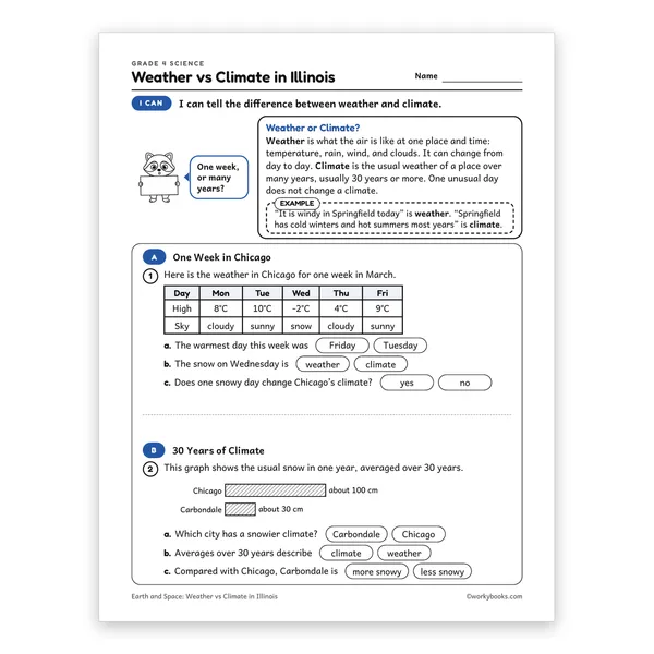 Weather vs Climate in Illinois worksheet for grade 4
