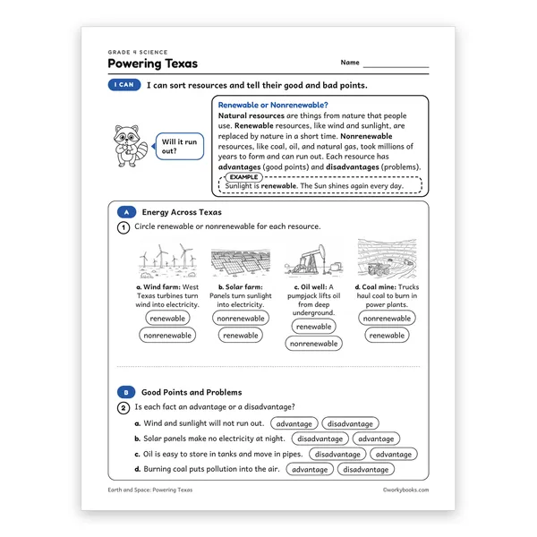 Powering Texas worksheet for grade 4