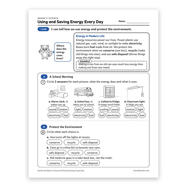 Using and Saving Energy Every Day worksheet for grade 4