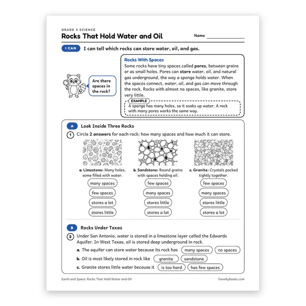 Rocks That Hold Water and Oil worksheet for grade 4