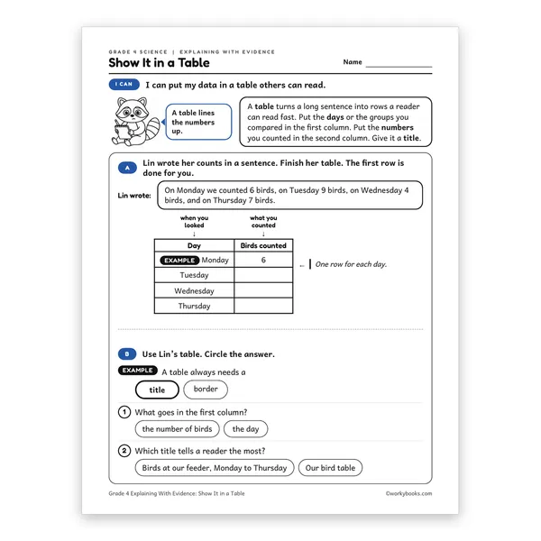 Show It in a Table worksheet for grade 4