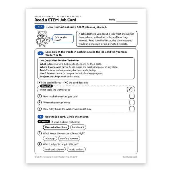 Read a STEM Job Card worksheet for grade 4