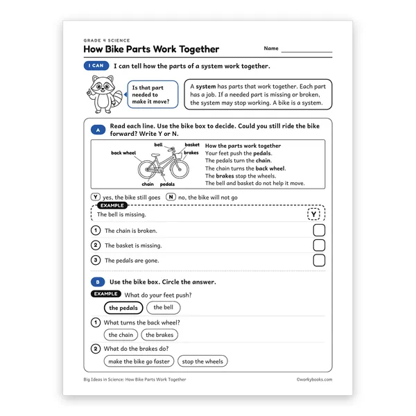 How Bike Parts Work Together worksheet for grade 4