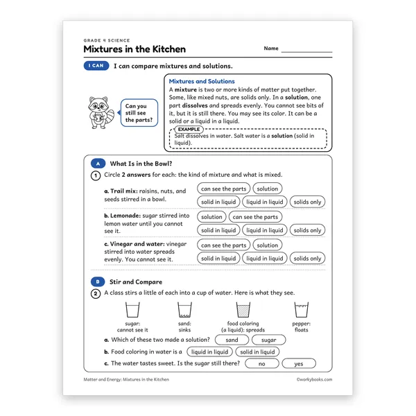 Mixtures in the Kitchen worksheet for grade 4