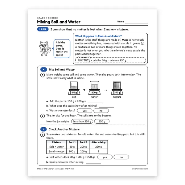 Mixing Soil and Water worksheet for grade 4