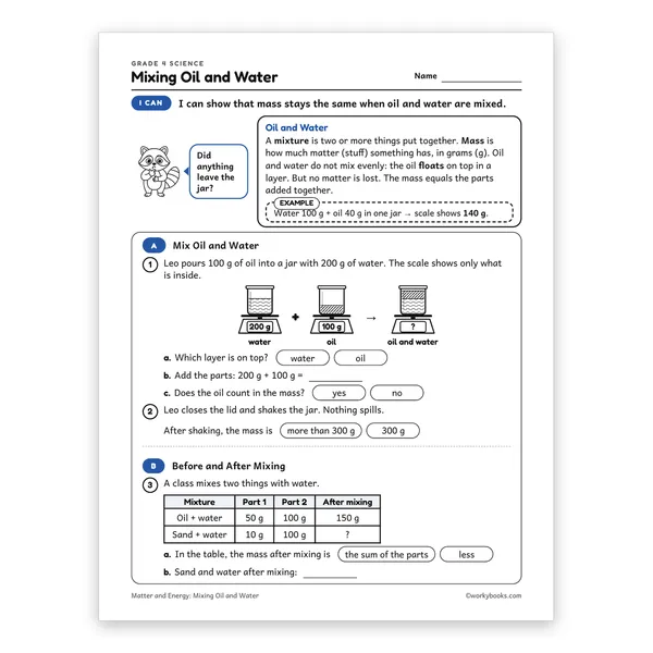 Mixing Oil and Water worksheet for grade 4