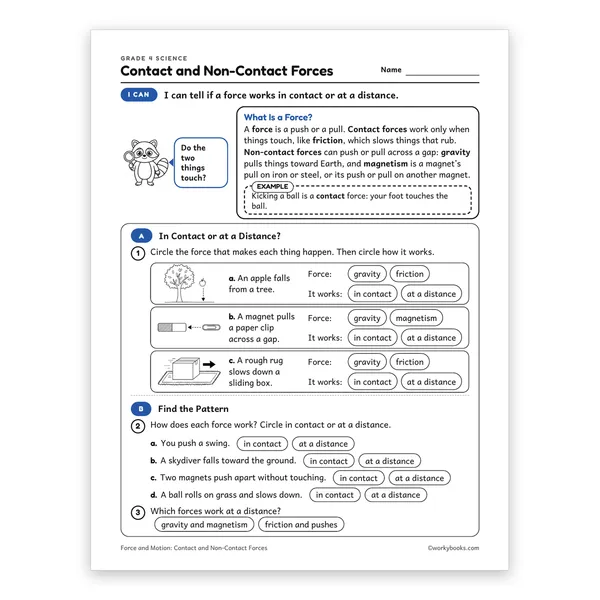 Contact and Non-Contact Forces worksheet for grade 4