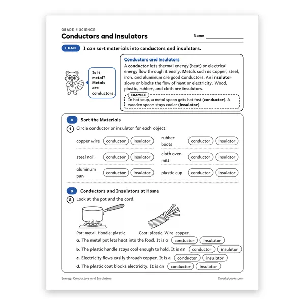 Conductors and Insulators worksheet for grade 4