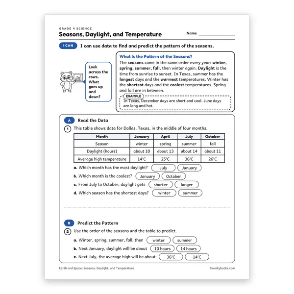 Seasons, Daylight, and Temperature worksheet for grade 4