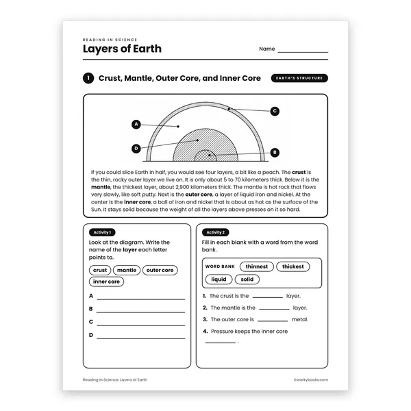 Layers of Earth worksheet for grade 6