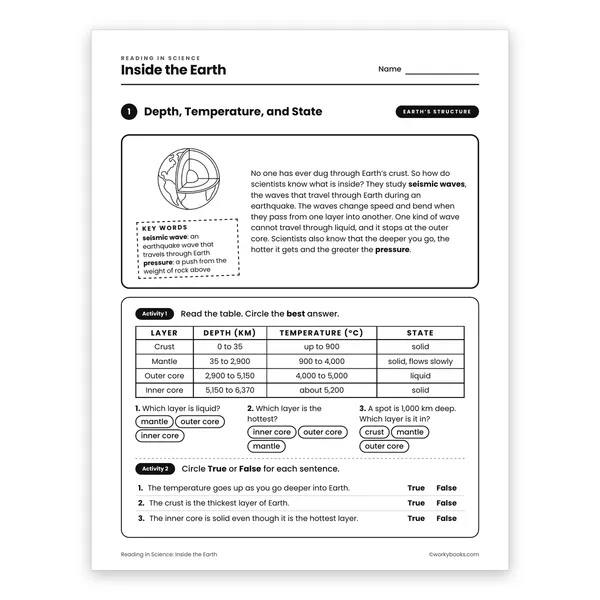 Inside the Earth worksheet for grade 6