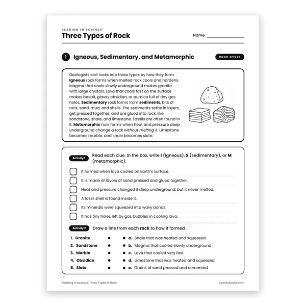 Three Types of Rock worksheet for grade 6