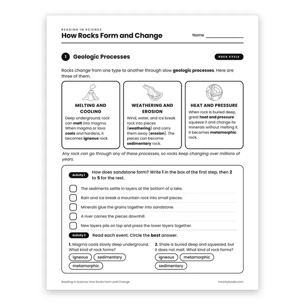 How Rocks Form and Change worksheet for grade 6