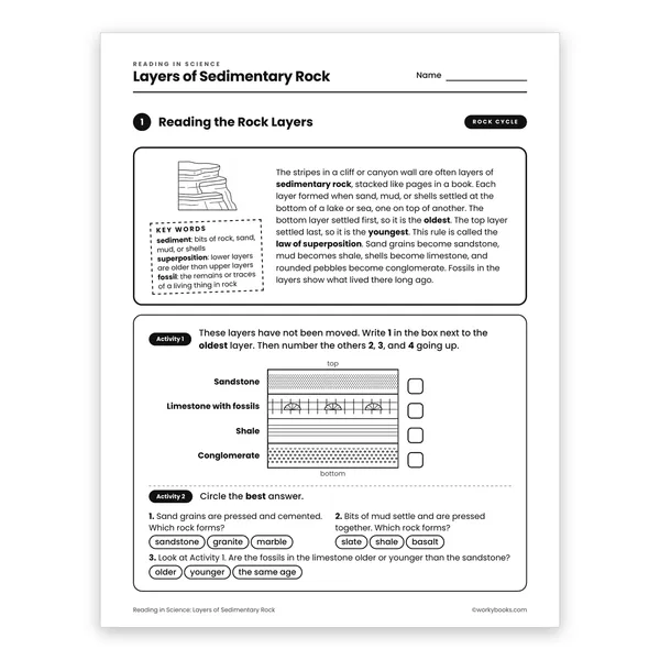 Layers of Sedimentary Rock worksheet for grade 6
