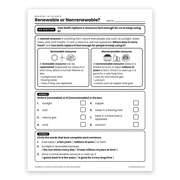 Renewable or Nonrenewable? worksheet for grade 6
