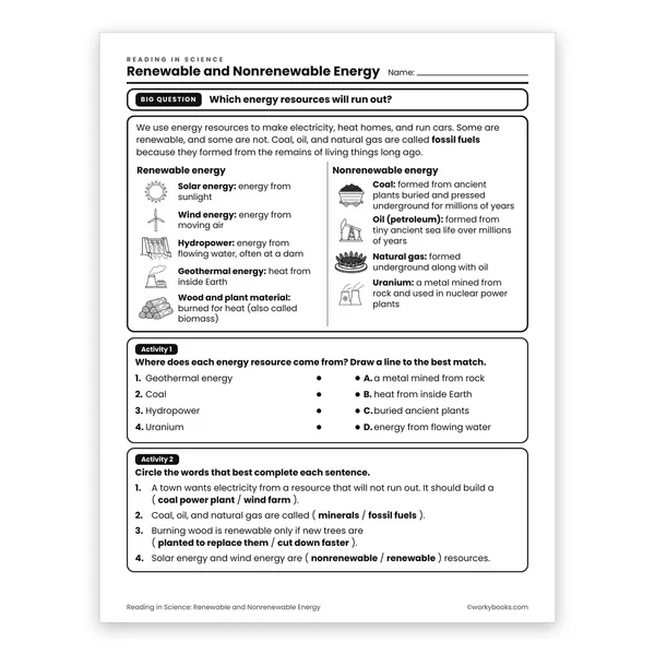 Renewable and Nonrenewable Energy worksheet for grade 6