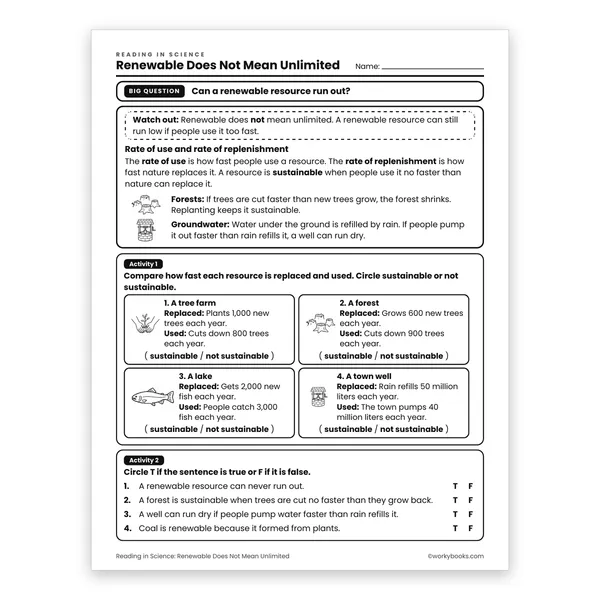 Renewable Does Not Mean Unlimited worksheet for grade 6