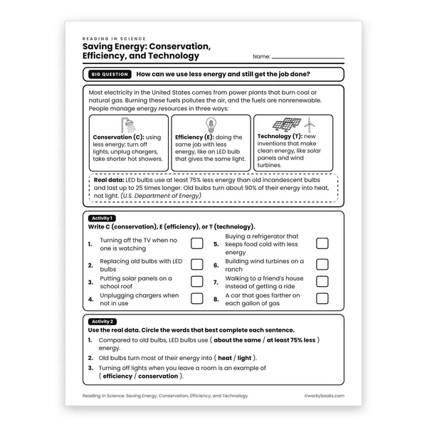 Saving Energy: Conservation, Efficiency, and Technology worksheet for grade 6