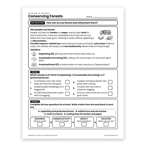 Conserving Forests worksheet for grade 6