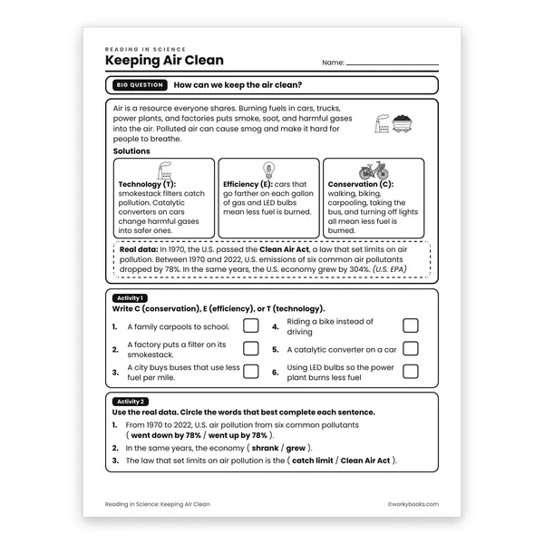 Keeping Air Clean worksheet for grade 6