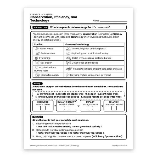 Conservation, Efficiency, and Technology worksheet for grade 6