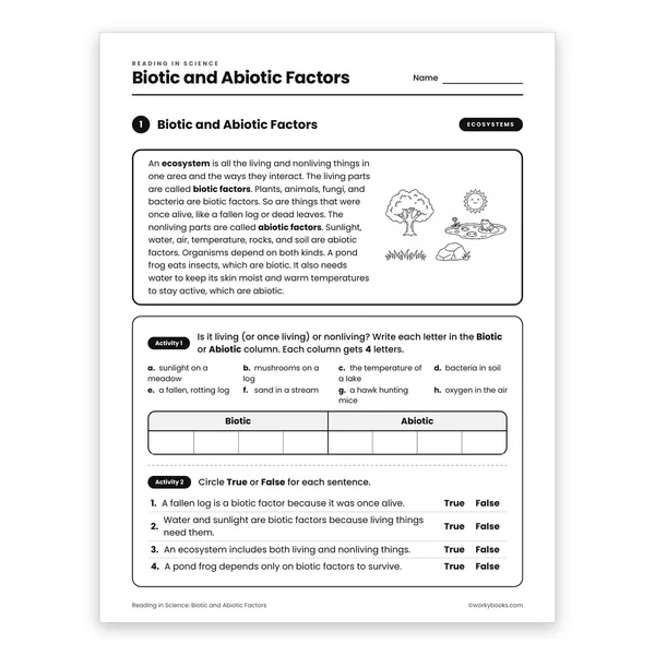 Biotic and Abiotic Factors worksheet for grade 6