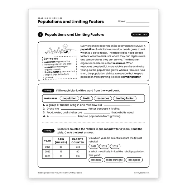 Populations and Limiting Factors worksheet for grade 6