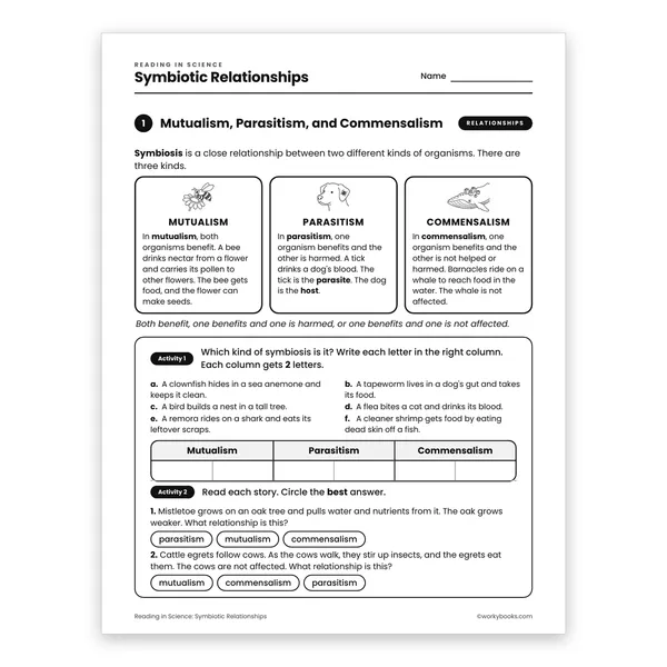 Symbiotic Relationships worksheet for grade 6