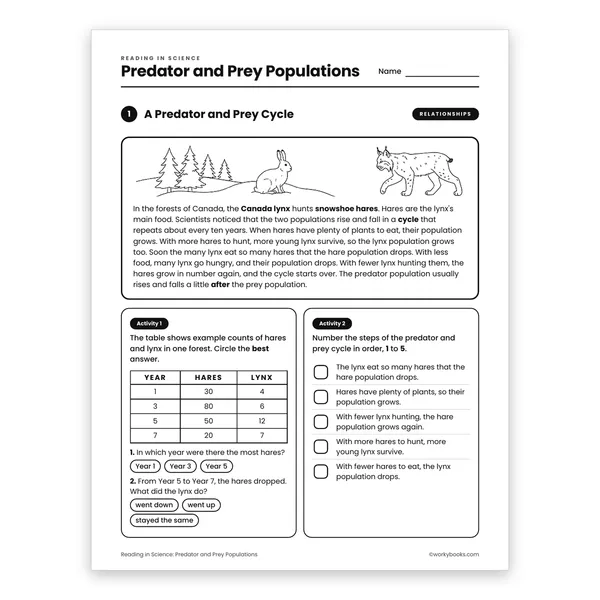 Predator and Prey Populations worksheet for grade 6
