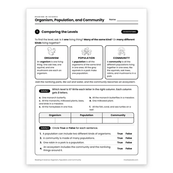 Organism, Population, and Community worksheet for grade 6