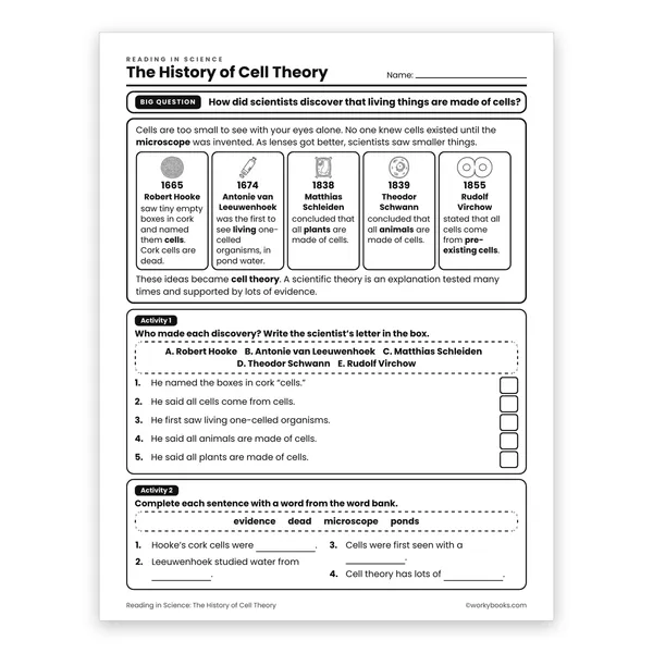 The History of Cell Theory worksheet for grade 6