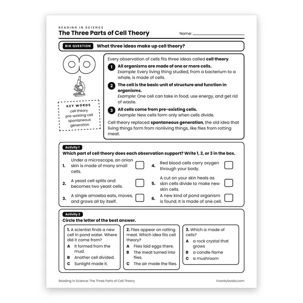 The Three Parts of Cell Theory worksheet for grade 6