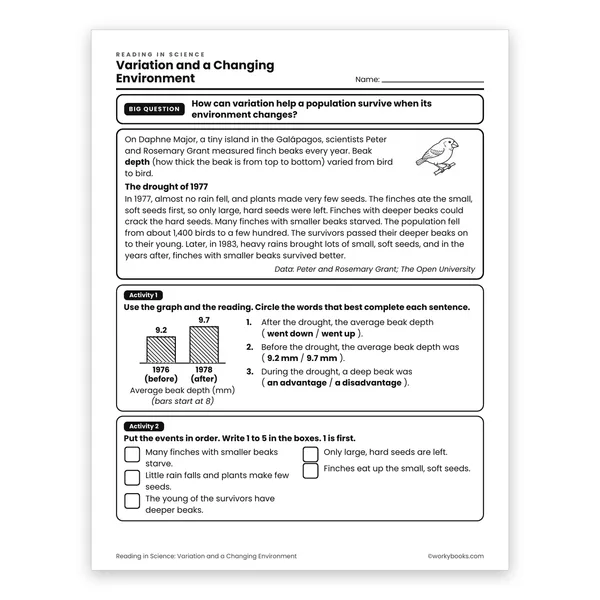 Variation and a Changing Environment worksheet for grade 6