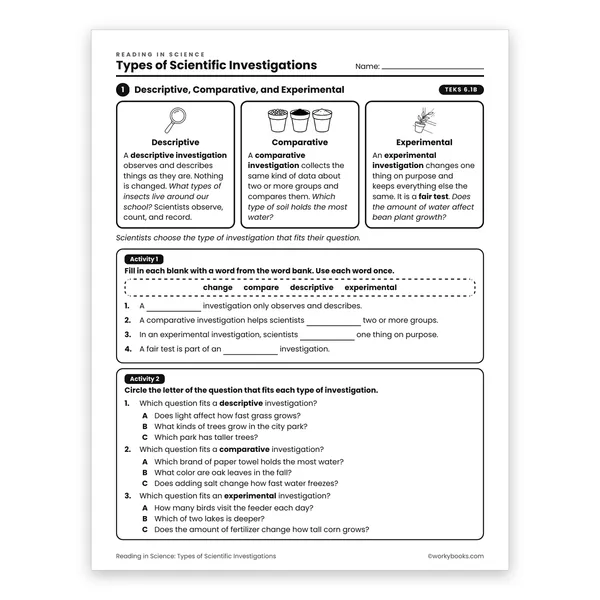Types of Scientific Investigations worksheet for grade 6