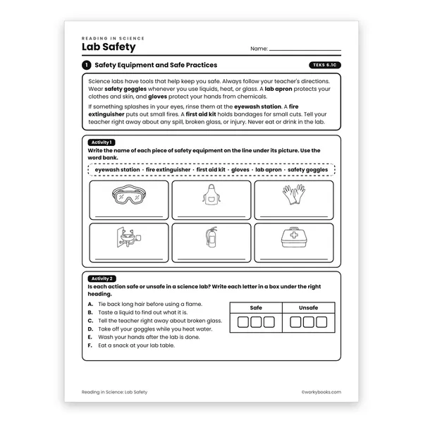 Lab Safety worksheet for grade 6