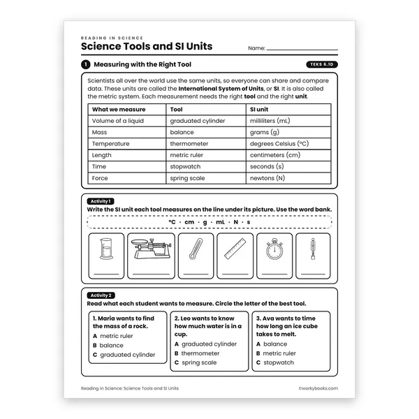 Science Tools and SI Units worksheet for grade 6