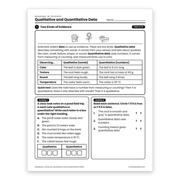 Qualitative and Quantitative Data worksheet for grade 6