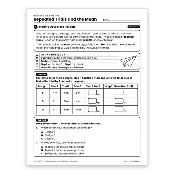 Repeated Trials and the Mean worksheet for grade 6